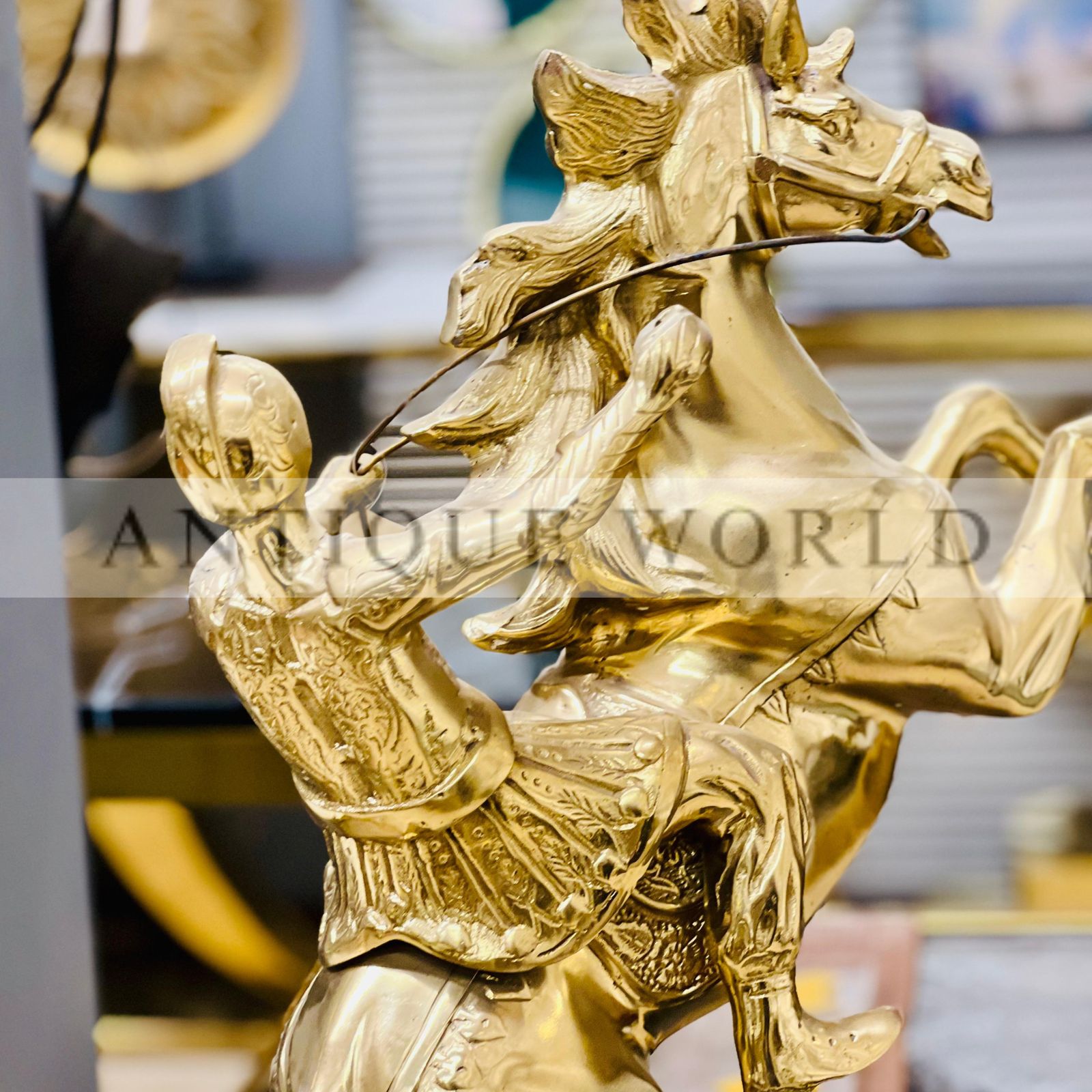 Antique Style Brass Rearing Horse with Rider