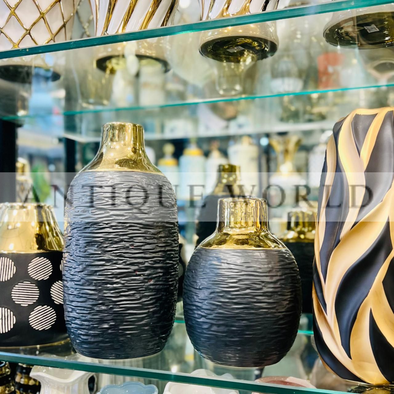 Black Ceramic Vase with Golden Rim Set of 2