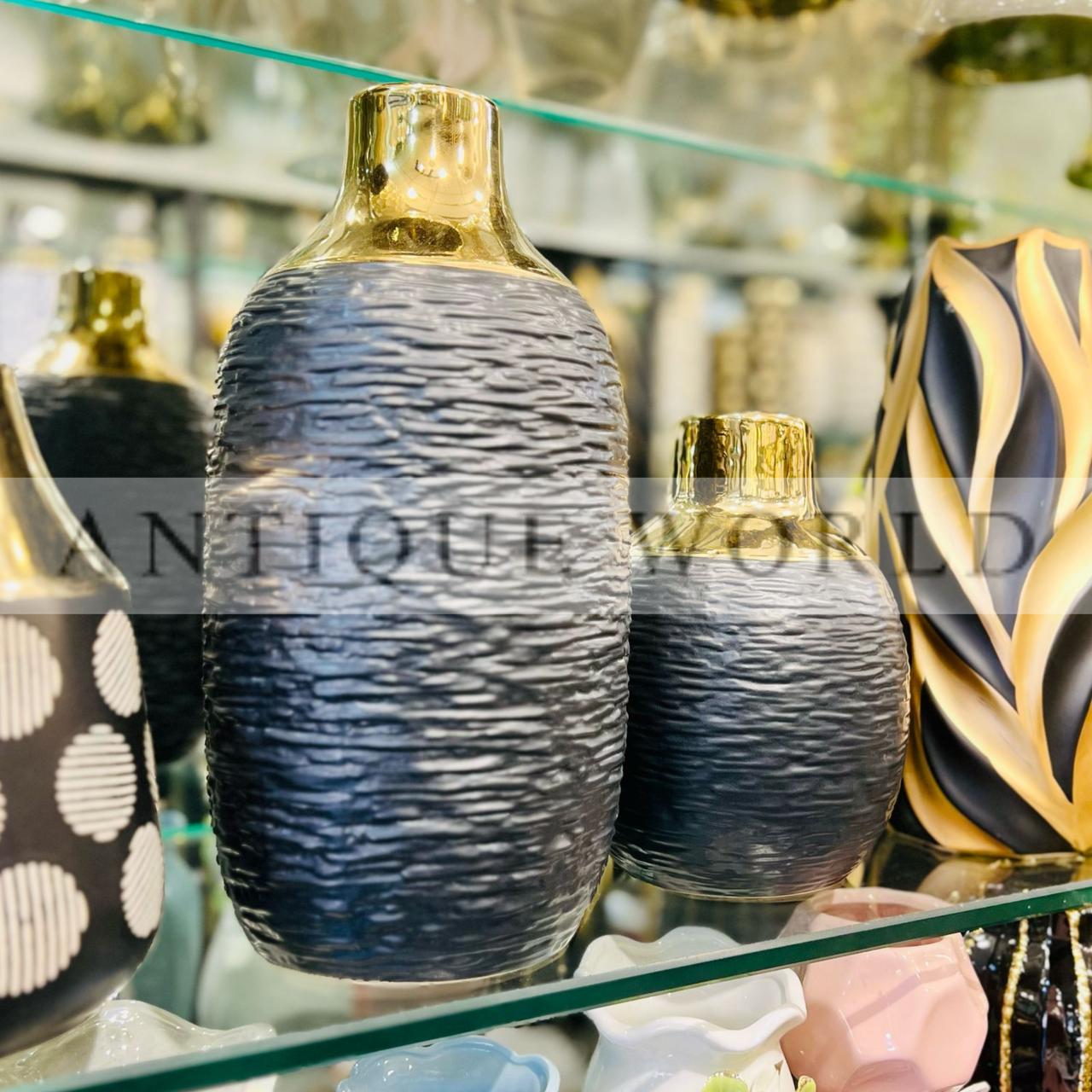 Black Ceramic Vase with Golden Rim Set of 2