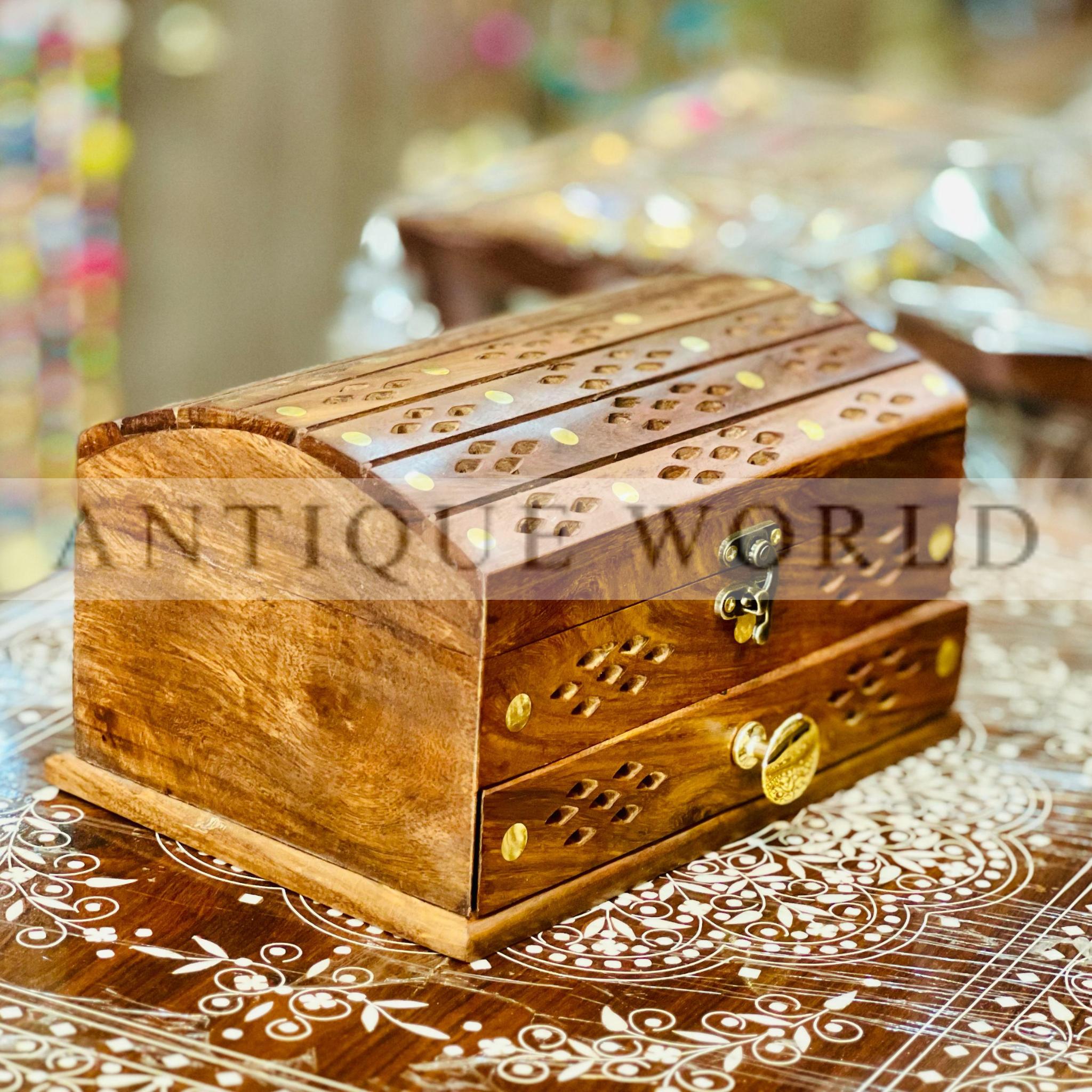 Handcrafted Double Drawer Wooden Brass Carving Jewellery Box
