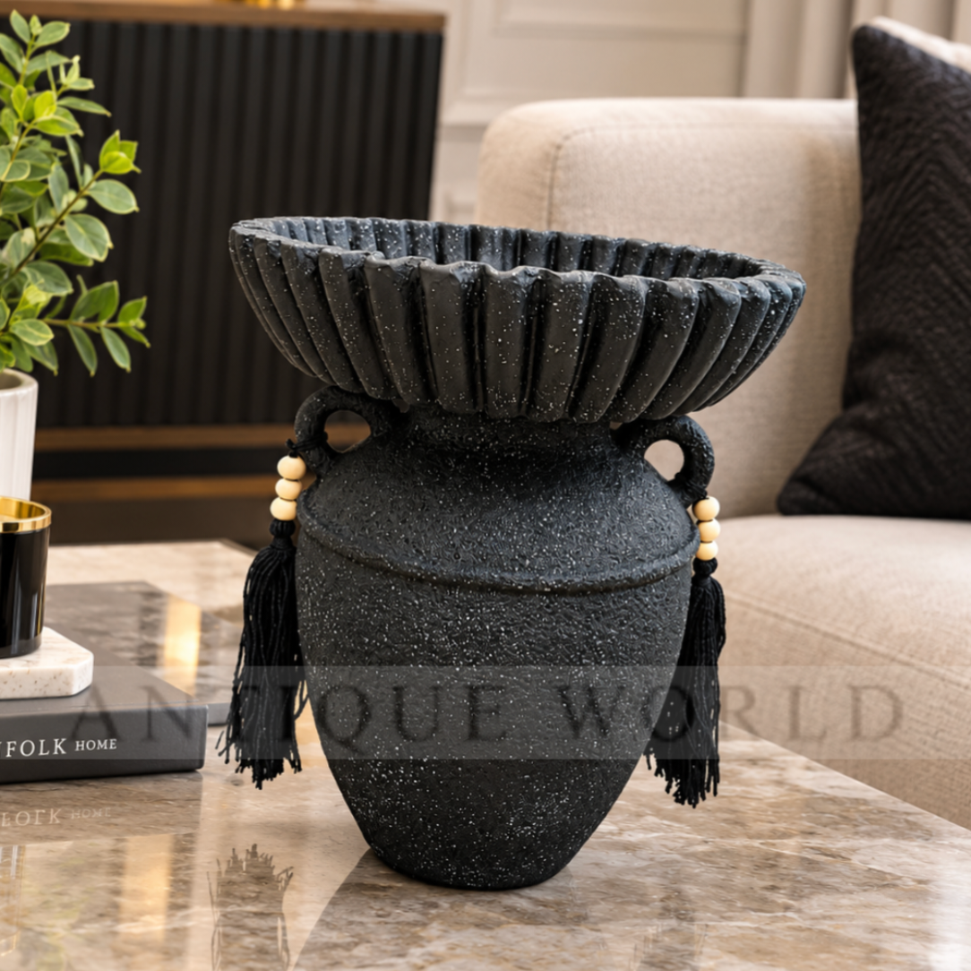 Decorative Textured Urn-Style Bowl with Tassel Accents