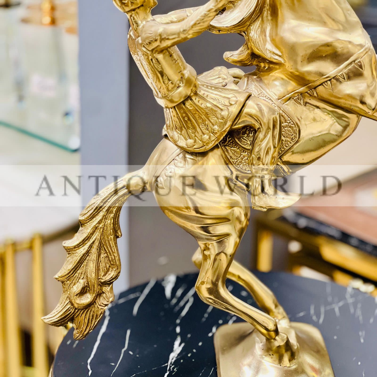Antique Style Brass Rearing Horse with Rider