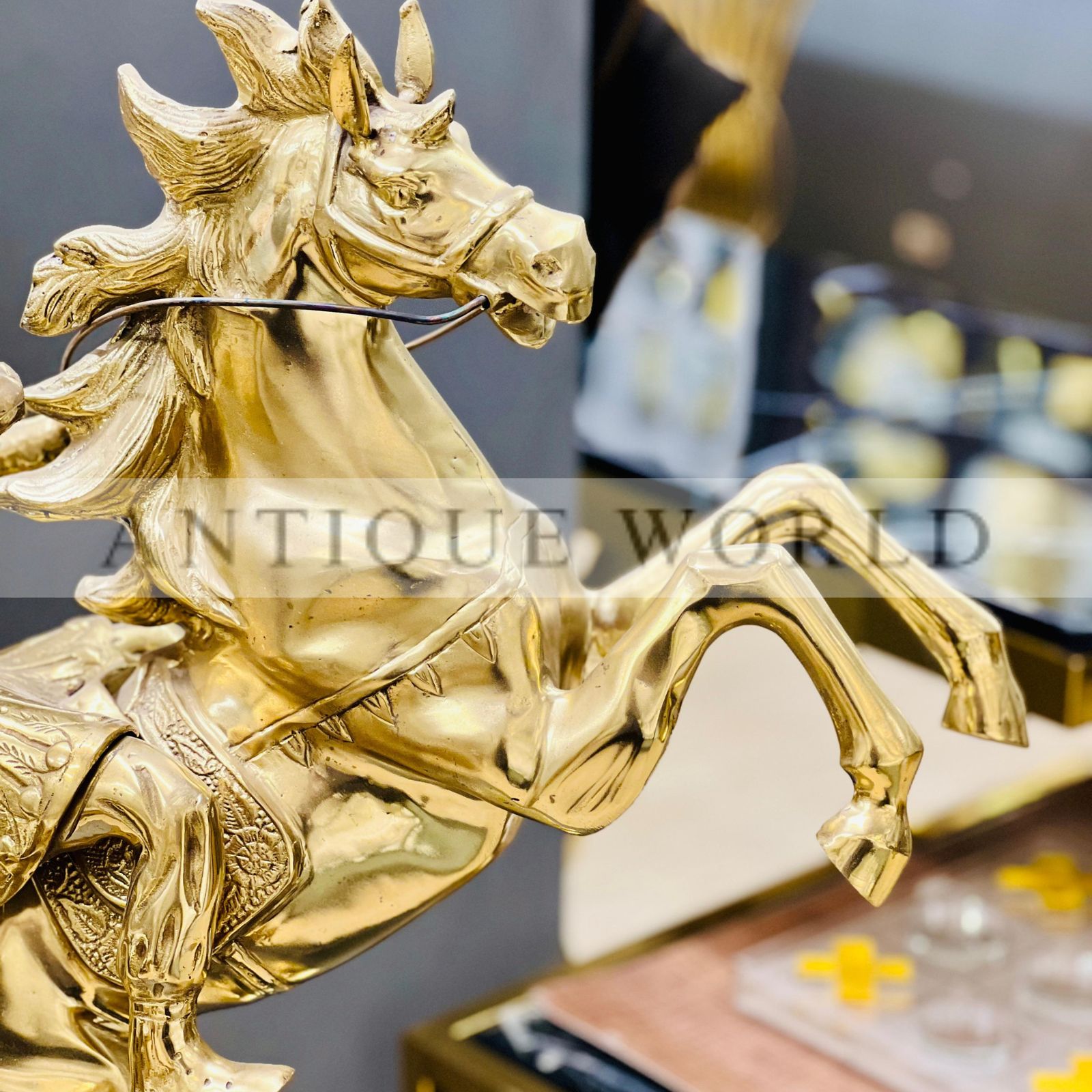 Antique Style Brass Rearing Horse with Rider