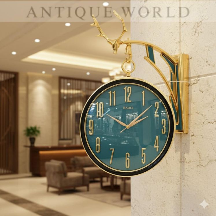 Luxury Deer Head Round Wall Hanging Double Sided Retro Station Wall Clock