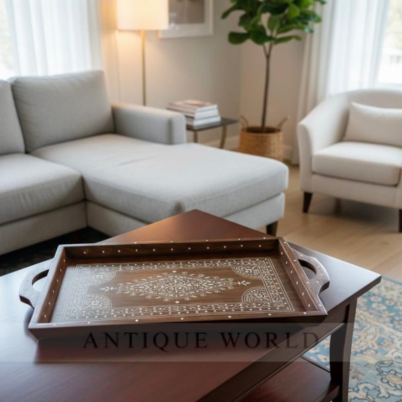 Walnut Wood & Bone Inlay Serving Tray