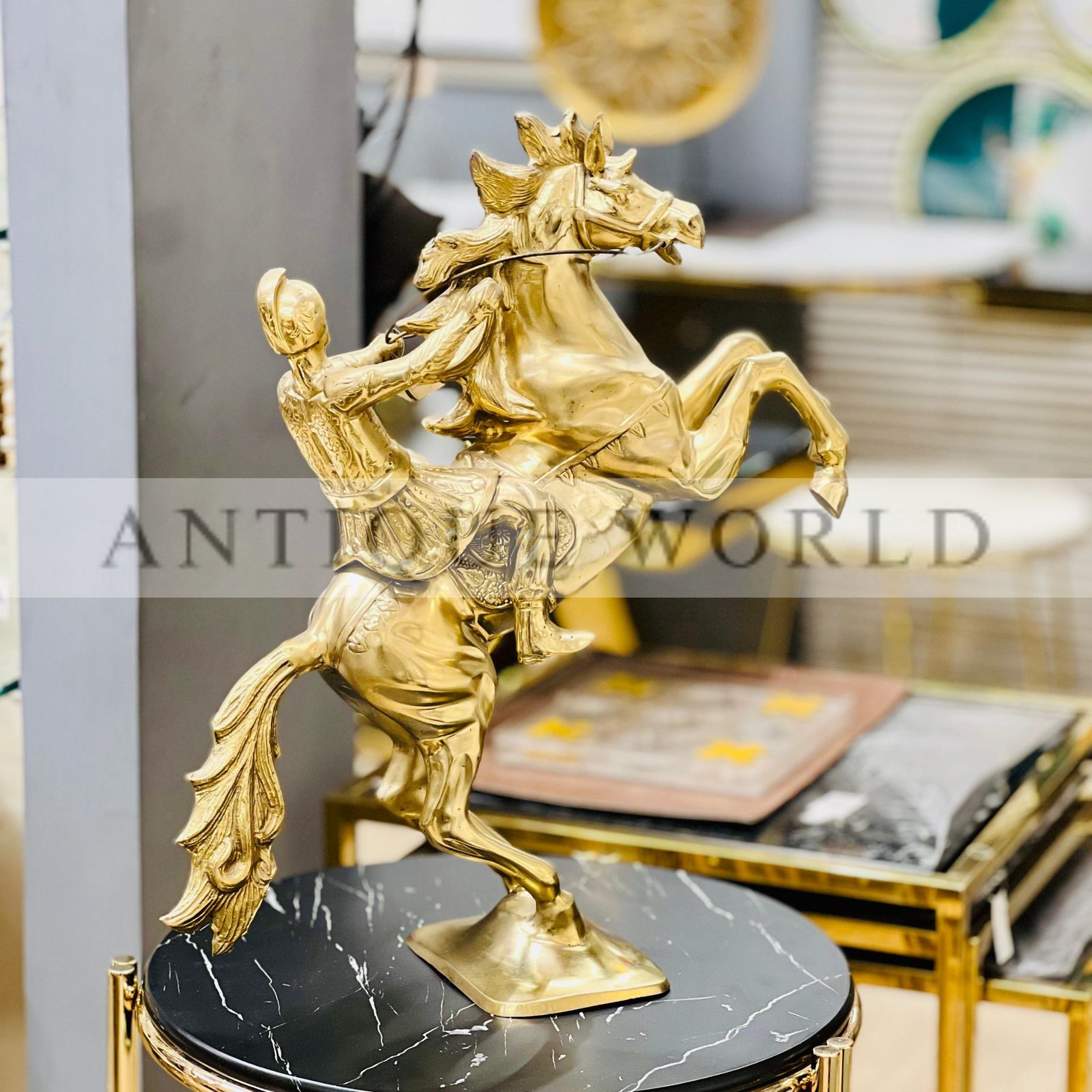 Antique Style Brass Rearing Horse with Rider
