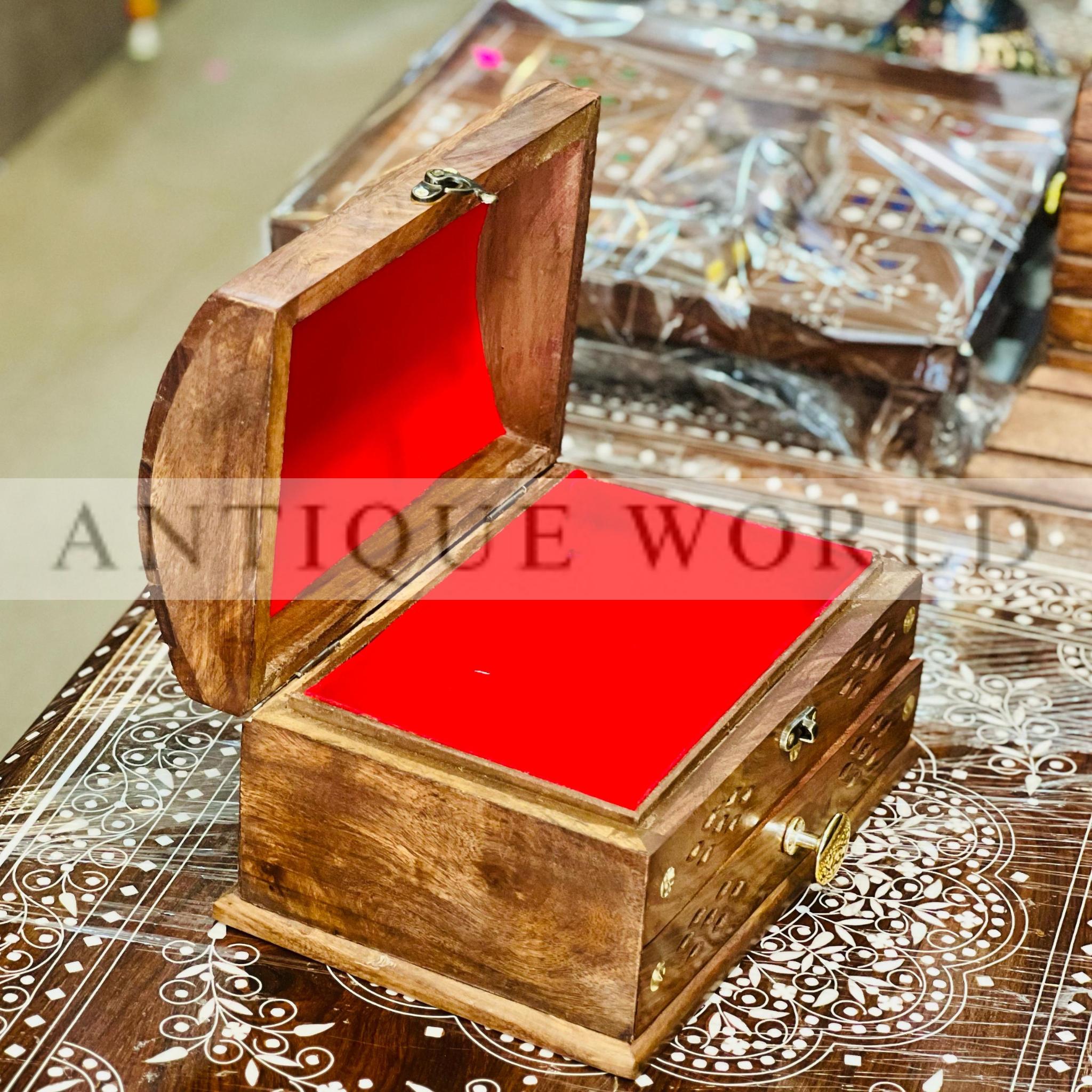 Handcrafted Double Drawer Wooden Brass Carving Jewellery Box
