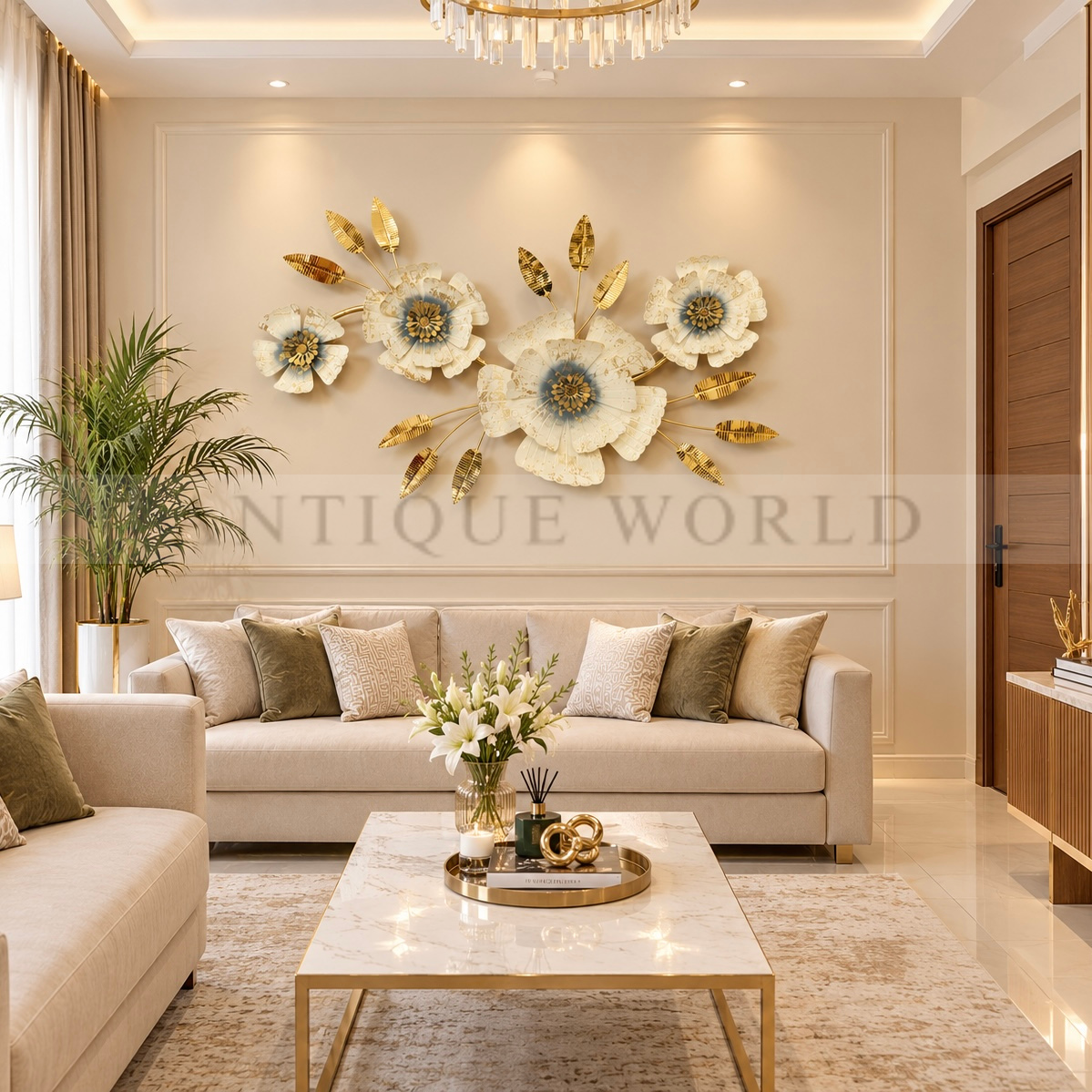 Luxury Golden & Ivory Floral Metal Wall Hanging