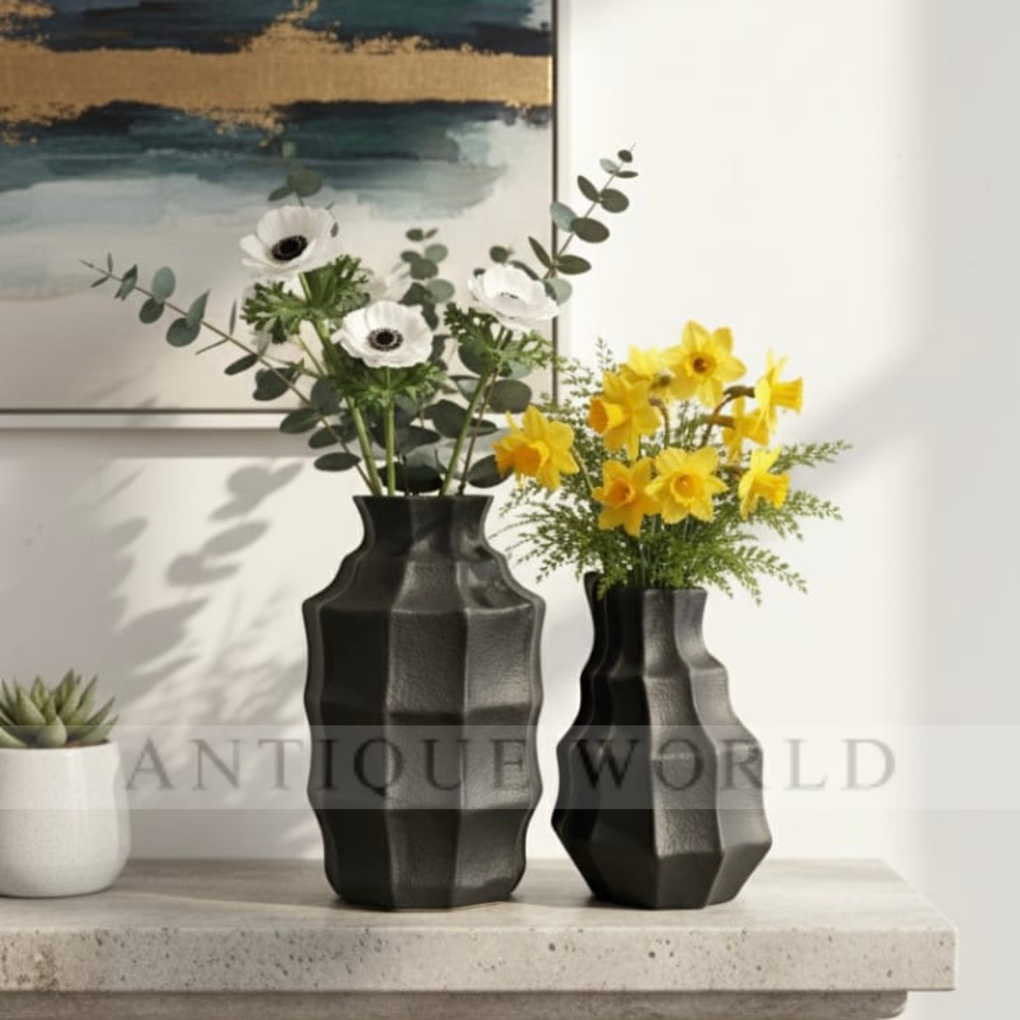 Black Textured Geometric Vases (Set Of 2)