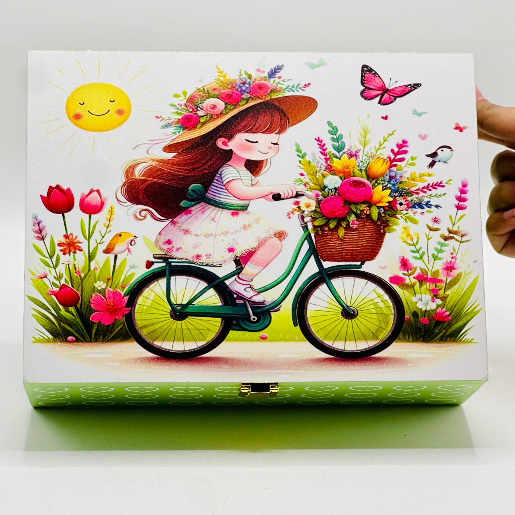 Painting of a Girl Riding with a basket of Flowers Jewellery Box