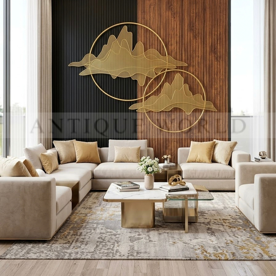 Modern Abstract Golden Mountain &amp; Circular Rings Metal Wall Art