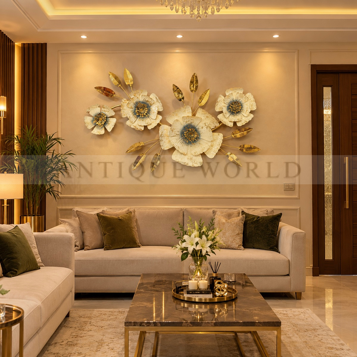 Luxury Golden & Ivory Floral Metal Wall Hanging
