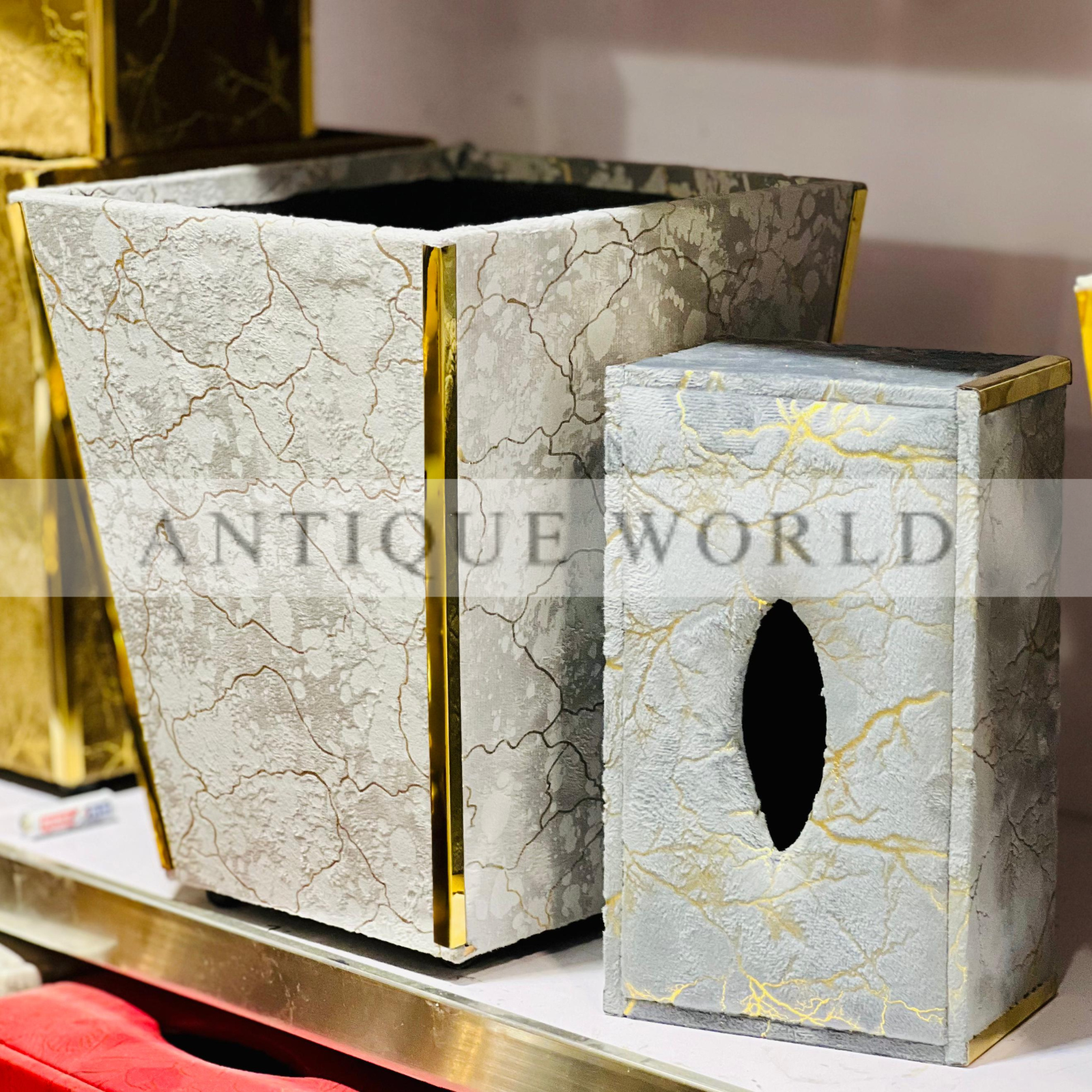 Velvet Fabric  Tissue Box with Dustbin