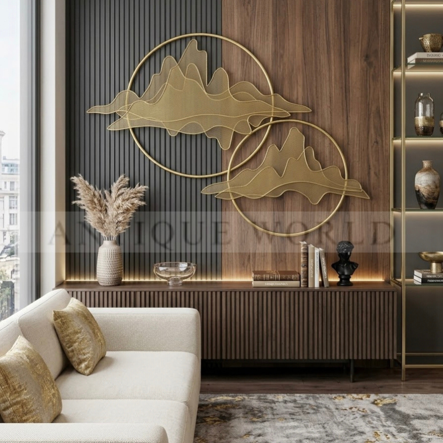 Modern Abstract Golden Mountain &amp; Circular Rings Metal Wall Art