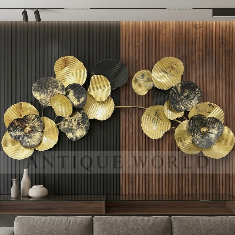 Modern Luxury Gold & Black Floral Metal Wall Art