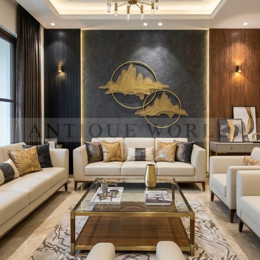 Modern Abstract Golden Mountain &amp; Circular Rings Metal Wall Art