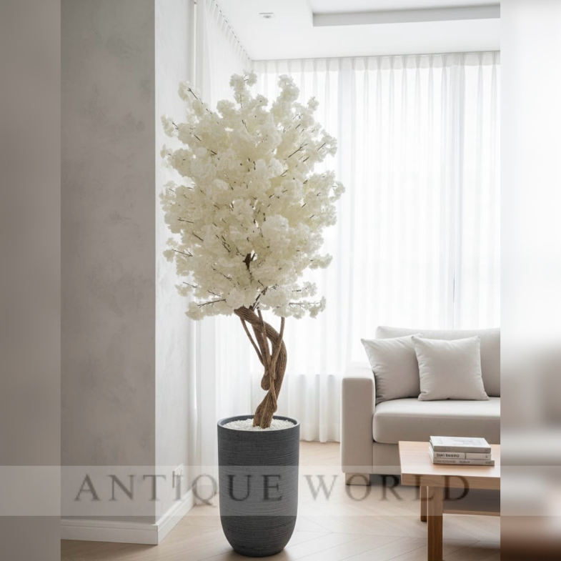 Faux White Cherry Blossom Tree in Modern Planter