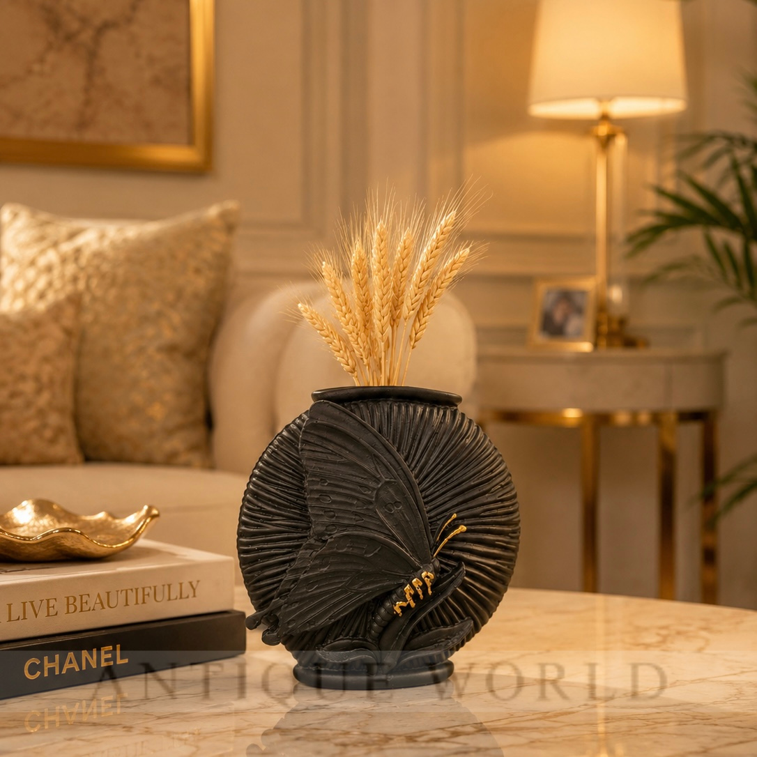 Luxury Black & Gold Butterfly Accent Vase