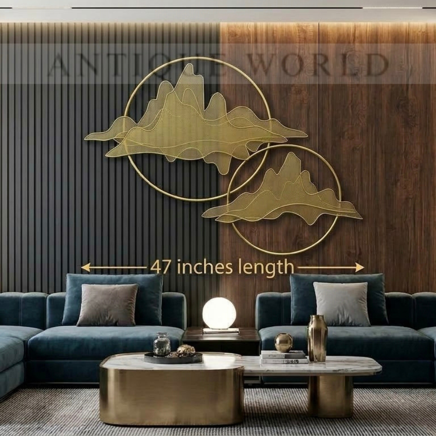 Modern Abstract Golden Mountain &amp; Circular Rings Metal Wall Art