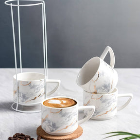 4-Piece Marble Print Mug Set with Stand