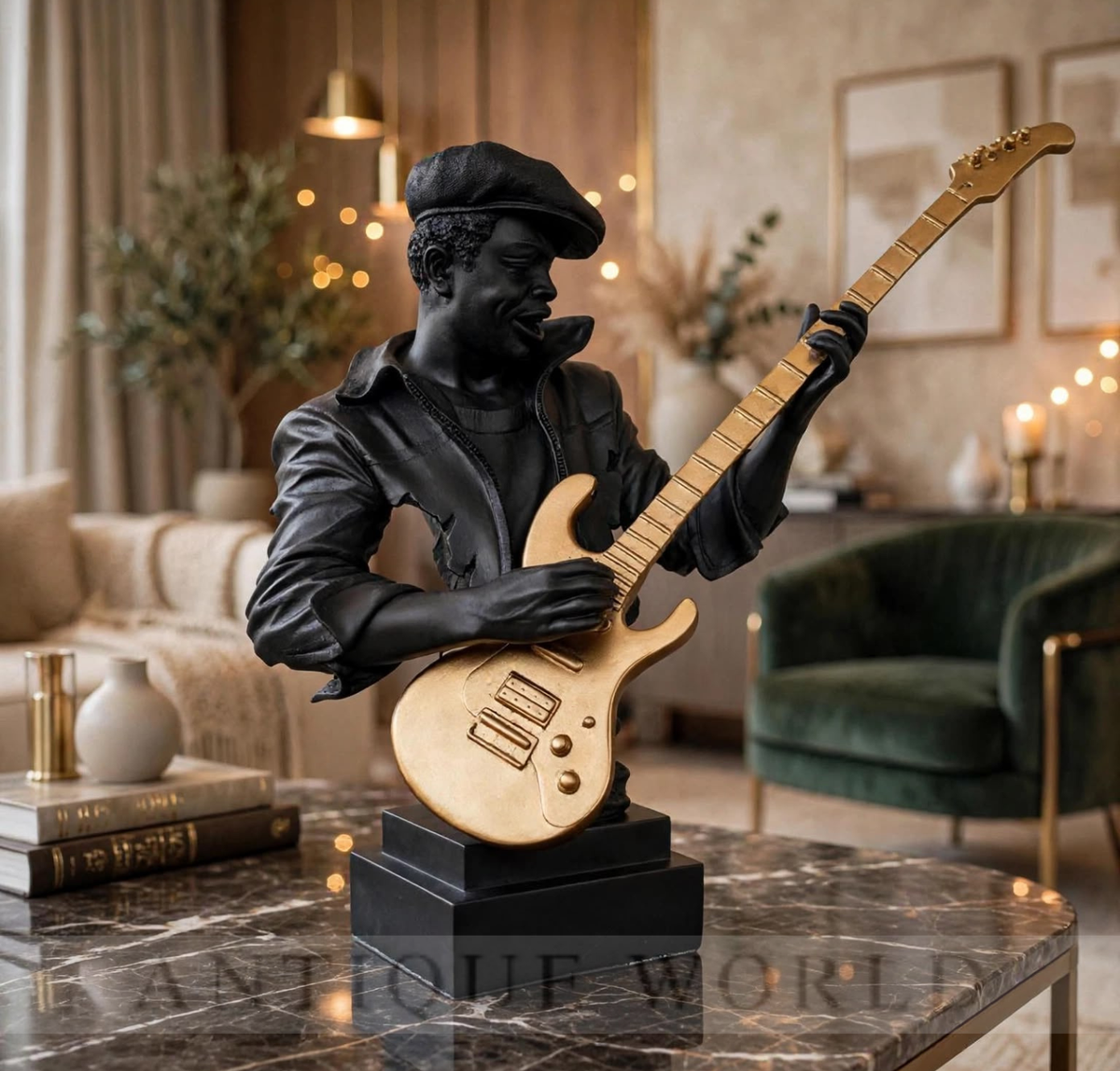 Golden Guitarist Elegance Sculpture.