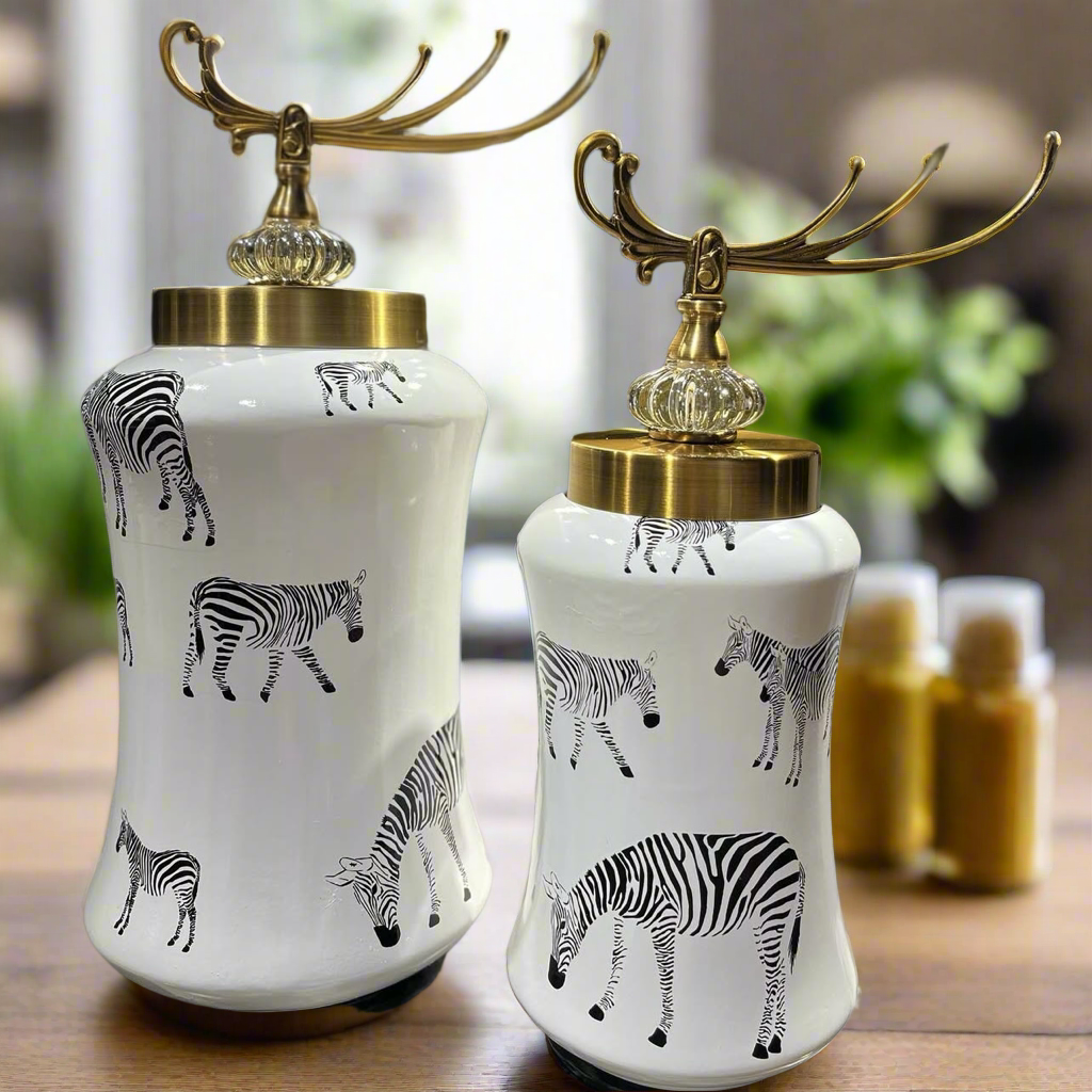 Decorative Zebra Texture Ceramic Ginger Jar ( Set of 2 )