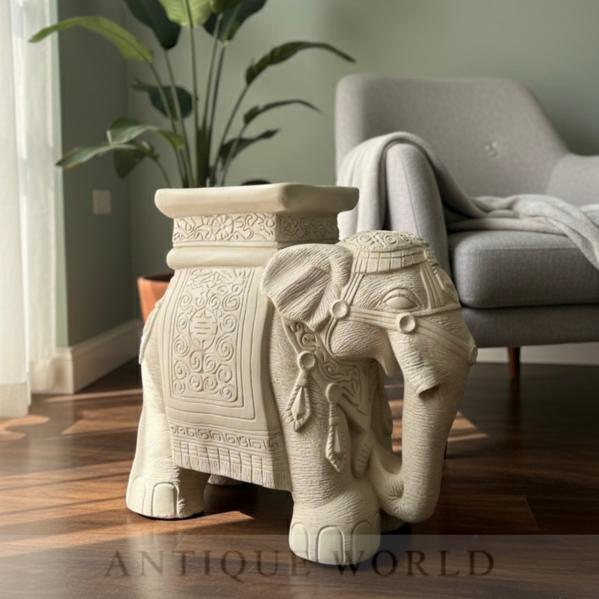 Hand-Carved Decorative Elephant Pedesta