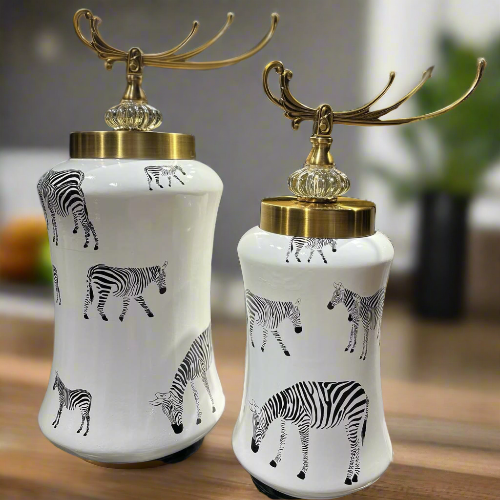 Decorative Zebra Texture Ceramic Ginger Jar ( Set of 2 )