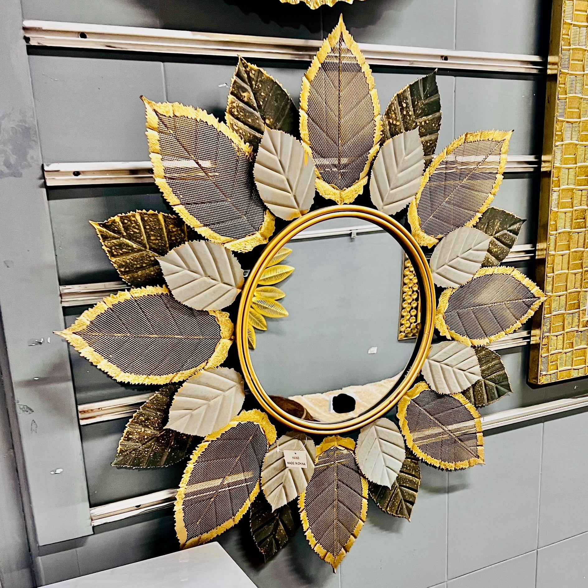 Greyish Gold Metal Leafy Round Wall Mirror