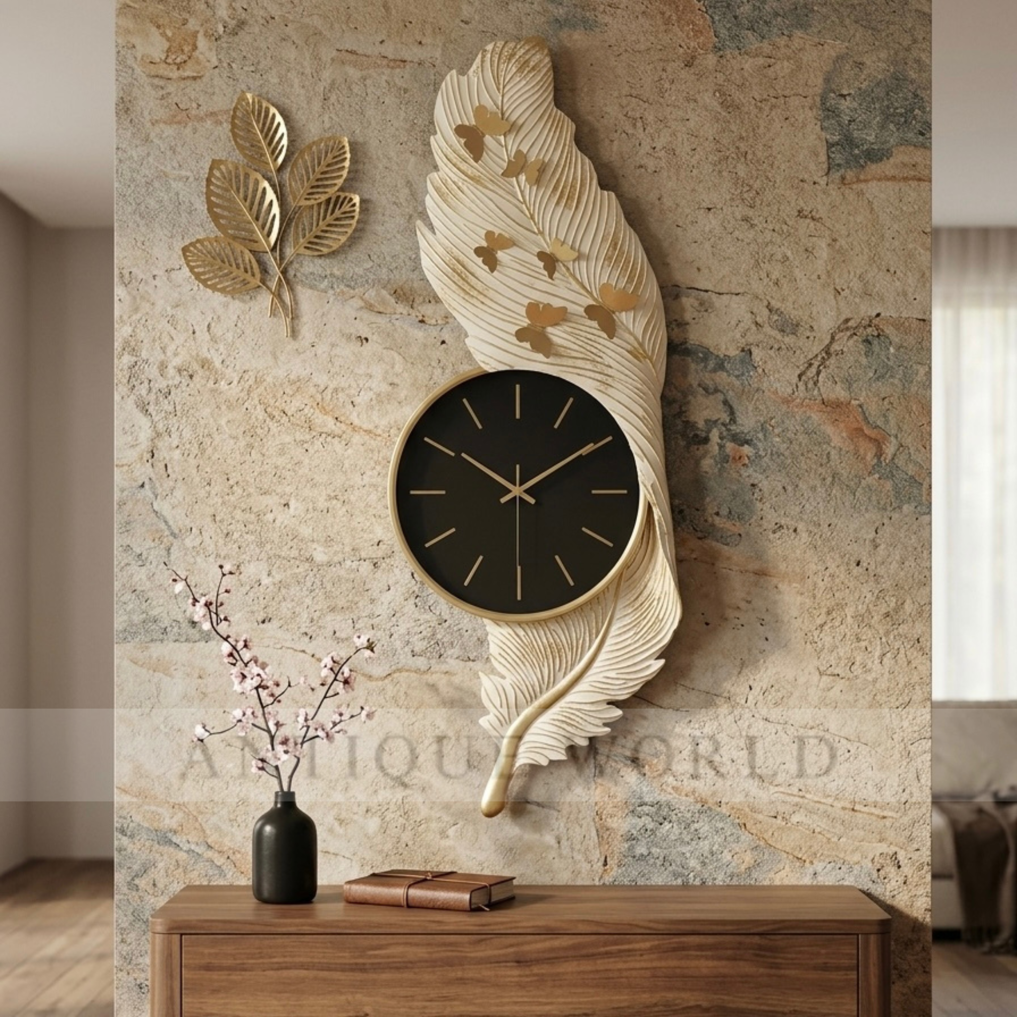 Gold Butterflies Feather Elegance Wall Clock