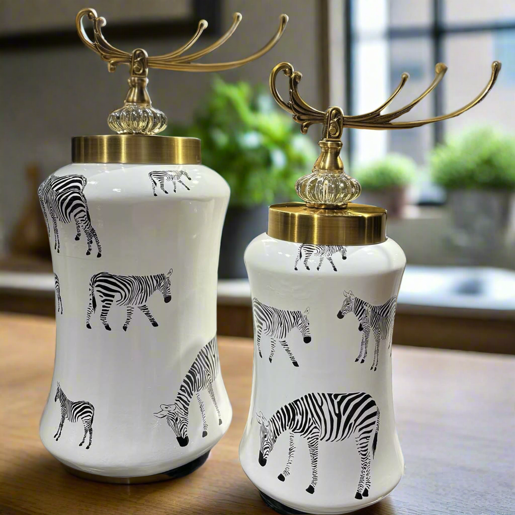 Decorative Zebra Texture Ceramic Ginger Jar ( Set of 2 )