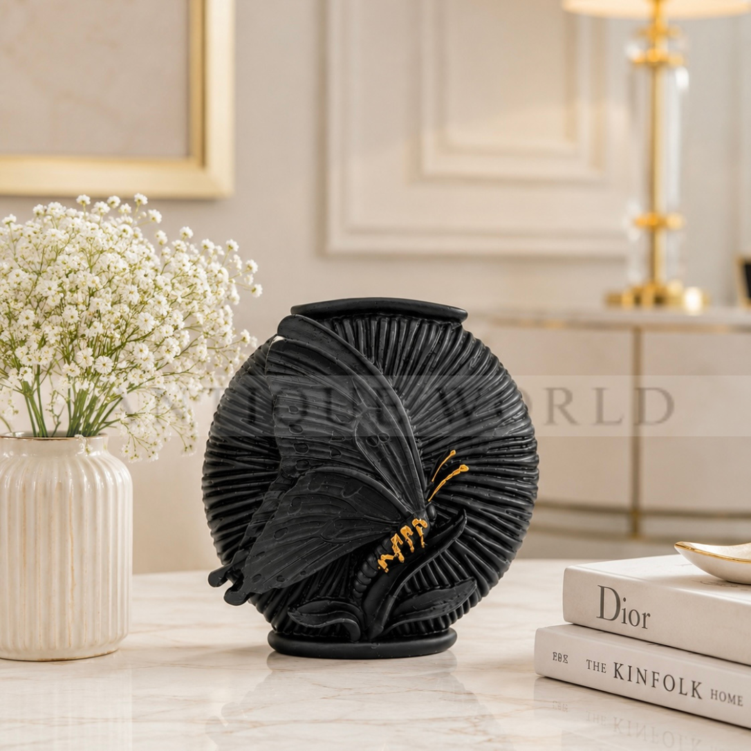 Luxury Black & Gold Butterfly Accent Vase