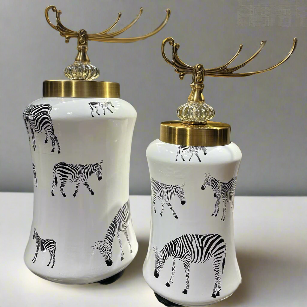 Decorative Zebra Texture Ceramic Ginger Jar ( Set of 2 )