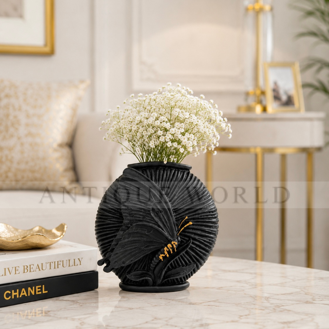 Luxury Black & Gold Butterfly Accent Vase