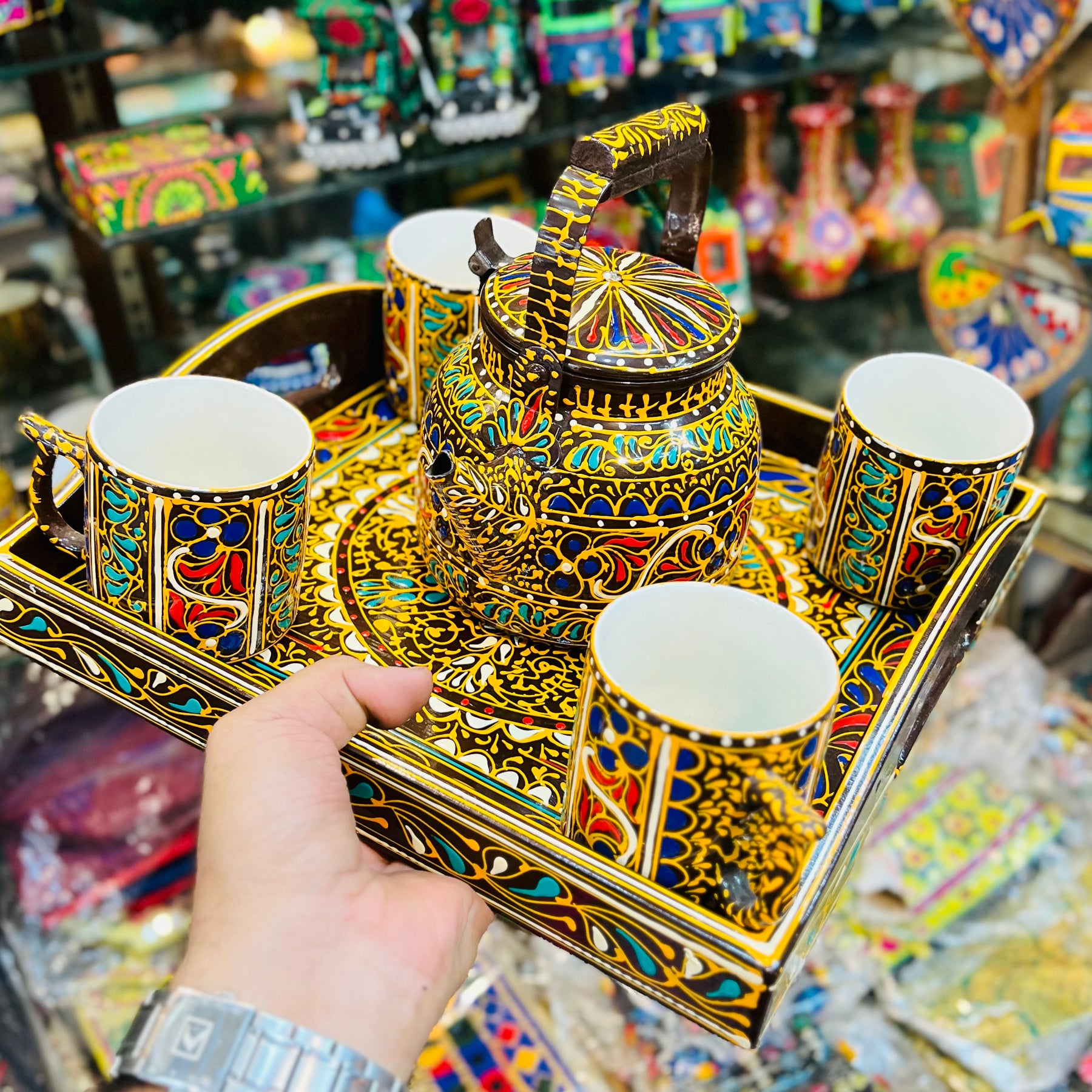 Swati Traditional Art Hand Painted Ceramic Cups and Steel Teapot 6pc Set