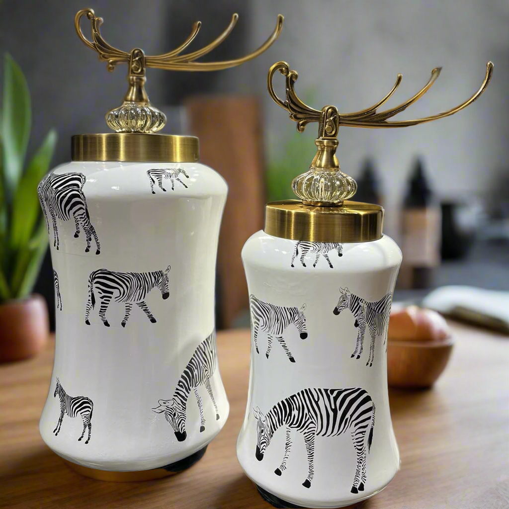 Decorative Zebra Texture Ceramic Ginger Jar ( Set of 2 )