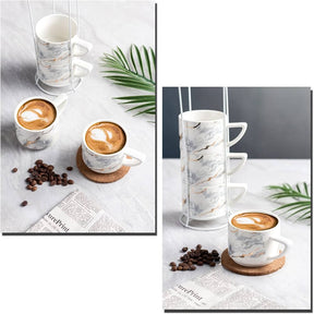 4-Piece Marble Print Mug Set with Stand