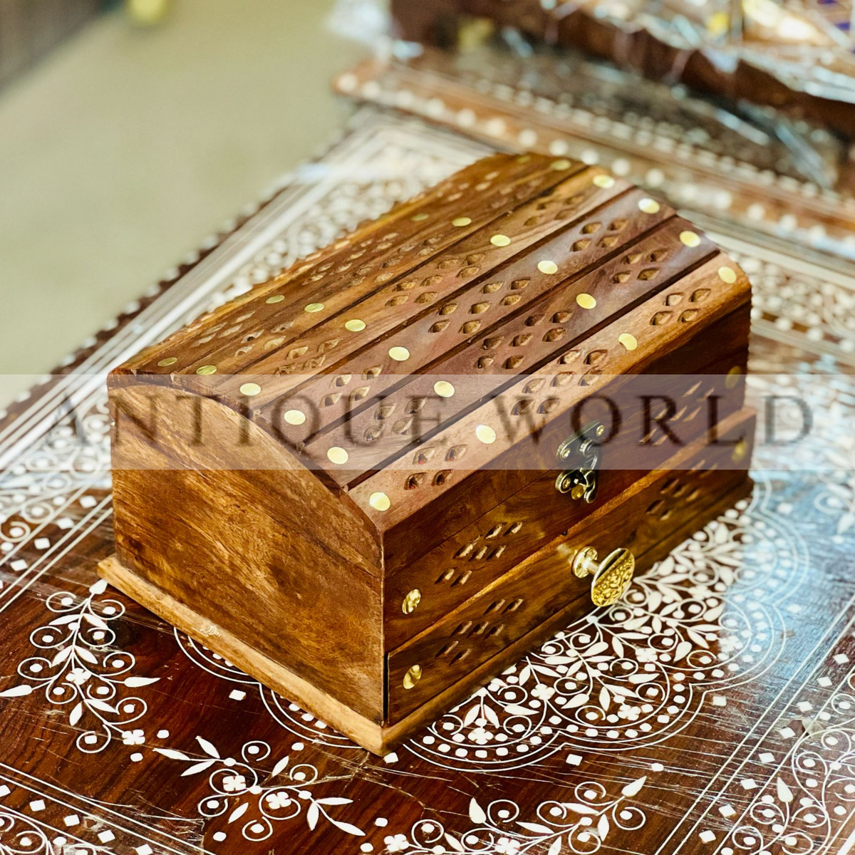 Handcrafted Double Drawer Wooden Brass Carving Jewellery Box