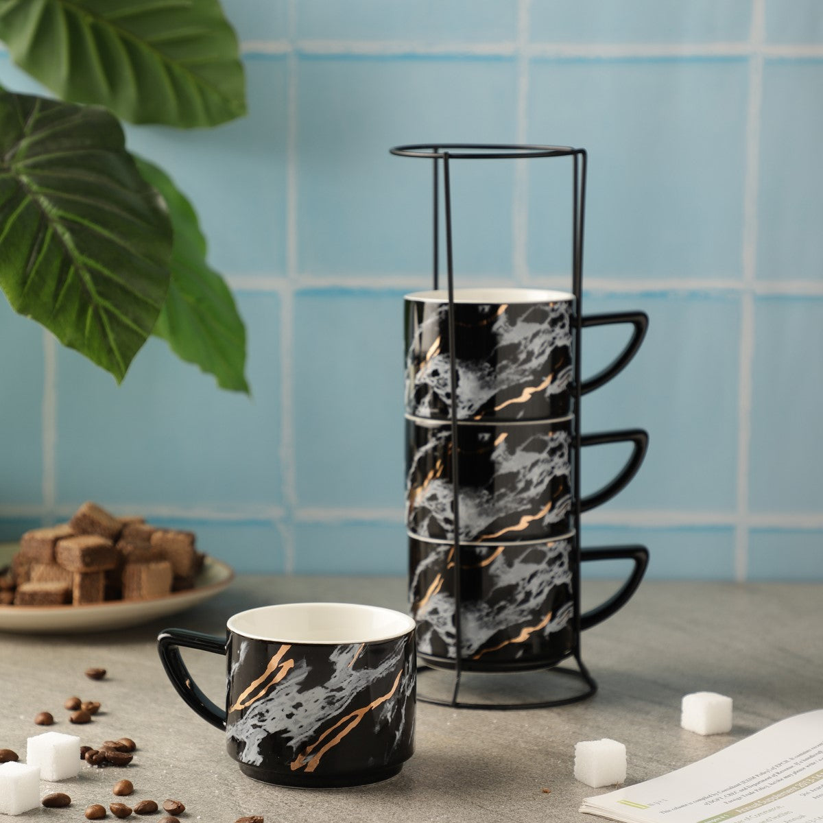 4-Piece Marble Print Mug Set with Stand