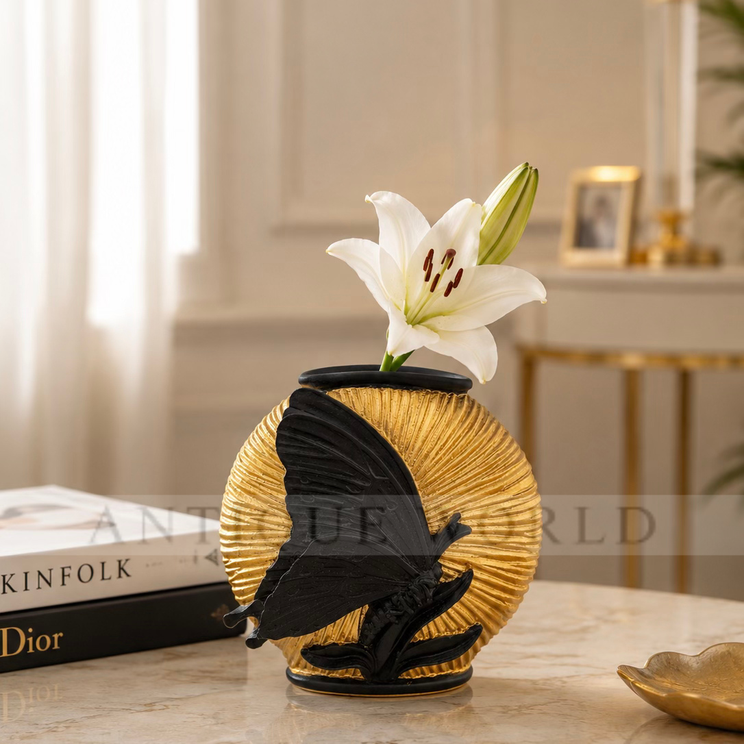 Luxury Black & Gold Butterfly Accent Vase