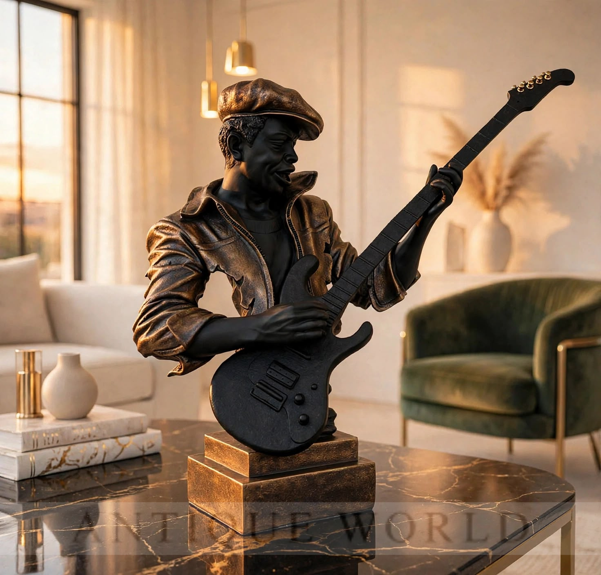 Golden Guitarist Elegance Sculpture.