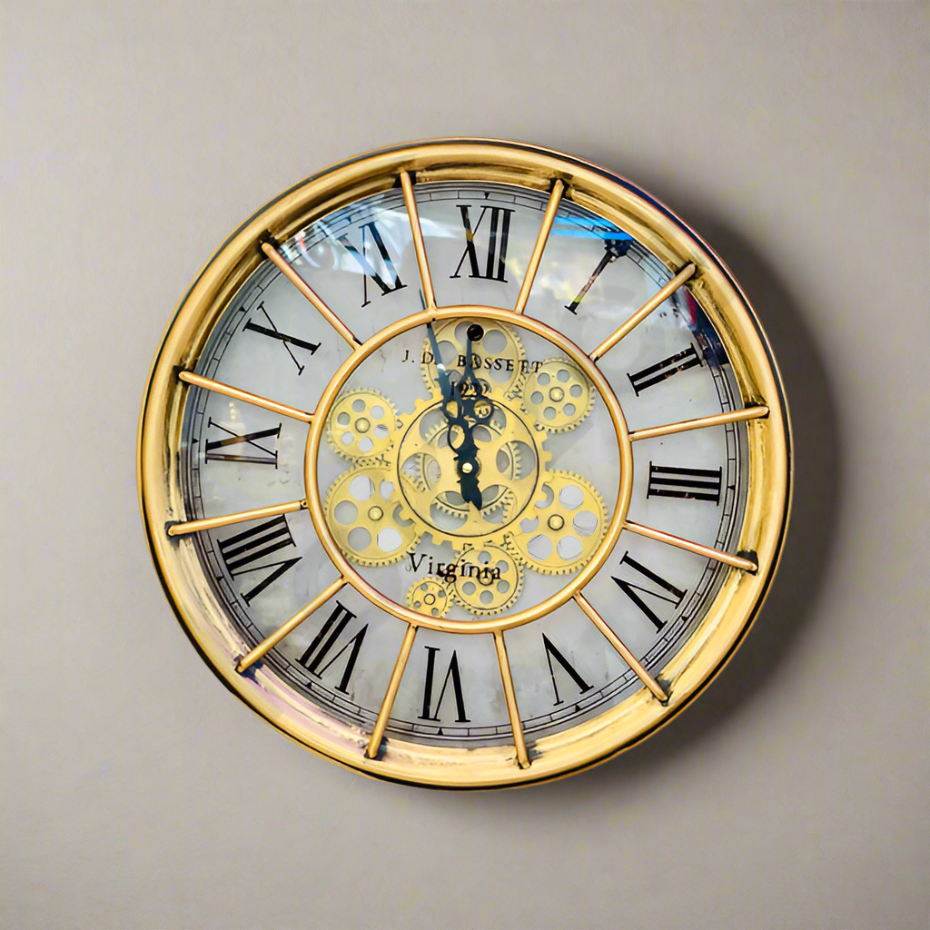 Gold Metal Working Gear Roman Wall Clock