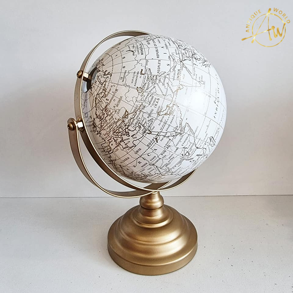 White World Map in Gold Metal Stand