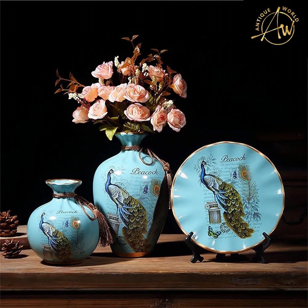 Ceramic Vase with Peacock Pattern ( Set Of 3 )
