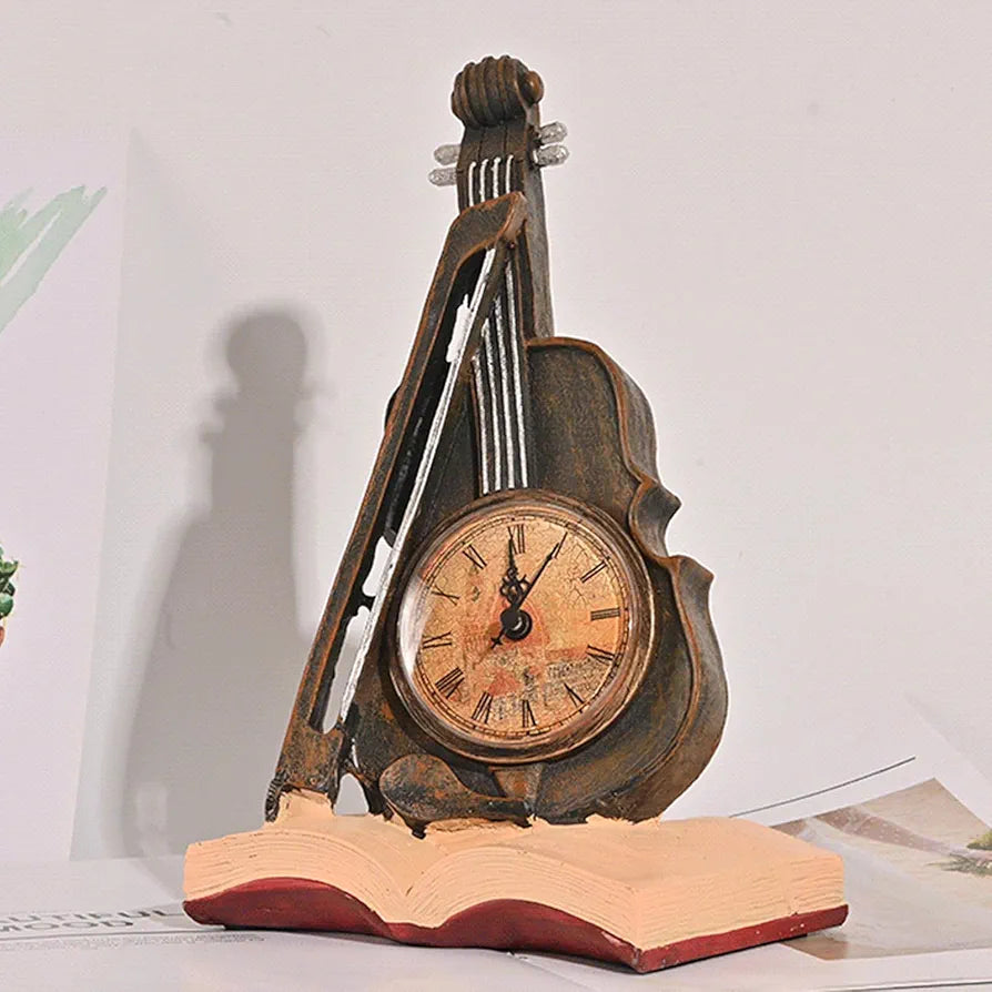 Violin Model Figurine Creative Table Clock Rests On Book