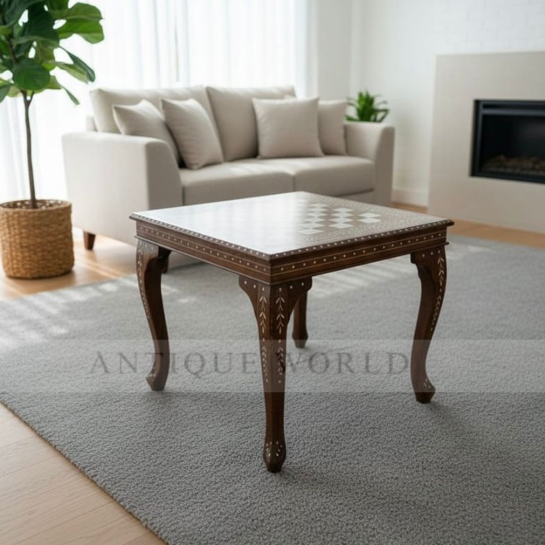 Intricately Carved Chess Table with Cabriole Legs