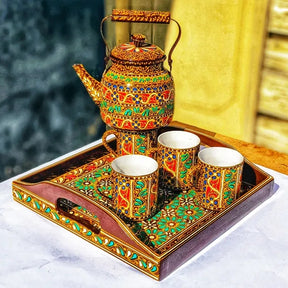 Swati Traditional Art Hand Painted Ceramic Cups and Steel Teapot 6pc Set