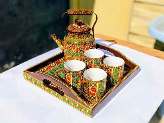 Swati Traditional Art Hand Painted Ceramic Cups and Steel Teapot 6pc Set