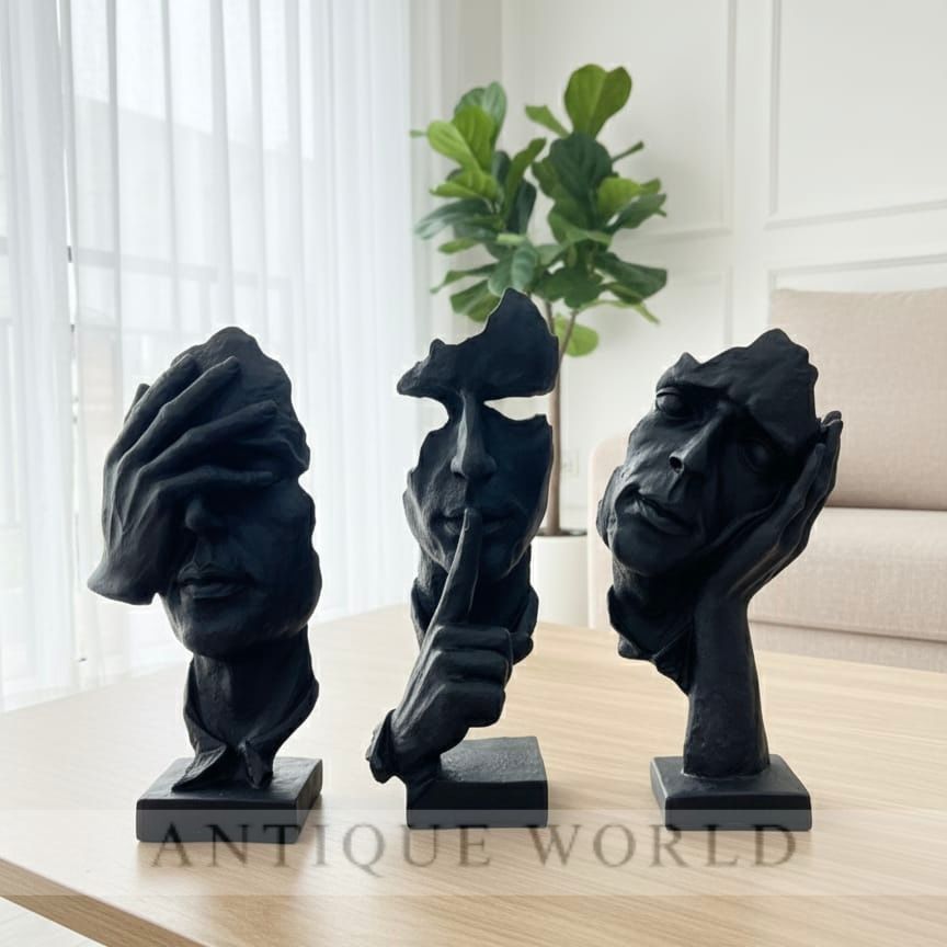 Modern Matte Black Three Wise Monkeys Statue Set (Hear, Speak, See No Evil) ( Set of 3 )