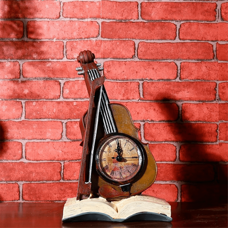 Violin Model Figurine Creative Table Clock Rests On Book